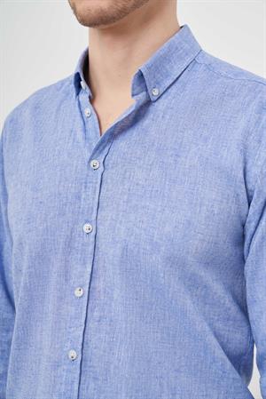 Morven Erkek Lacivert Keten Düz Desen Düğmeli Yaka Slim Fit Gömlek