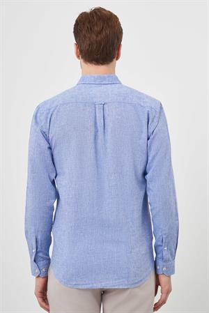 Morven Erkek Lacivert Keten Düz Desen Düğmeli Yaka Slim Fit Gömlek