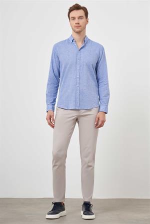 Morven Erkek Lacivert Keten Düz Desen Düğmeli Yaka Slim Fit Gömlek
