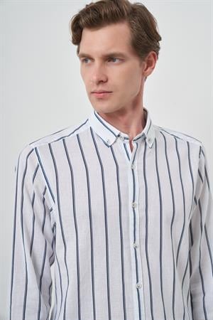 Morven Erkek Lacivert Keten Dynamic Fit Düğmeli Yaka Gömlek