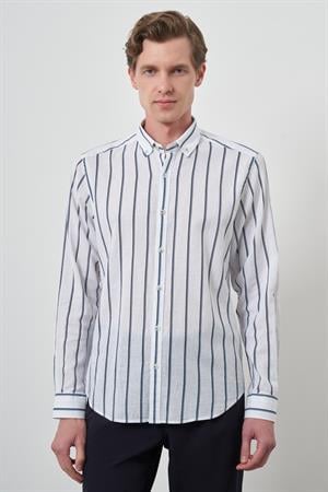 Morven Erkek Lacivert Keten Dynamic Fit Düğmeli Yaka Gömlek