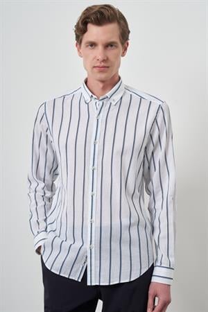 Morven Erkek Lacivert Keten Dynamic Fit Düğmeli Yaka Gömlek