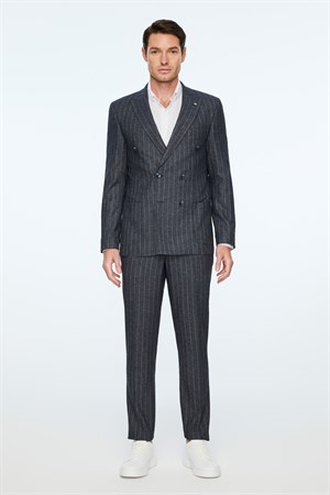Morven Erkek Lacivert Keten Trend Çizgili Slim Fit Sivri Yaka Kruvaze Takım Elbise