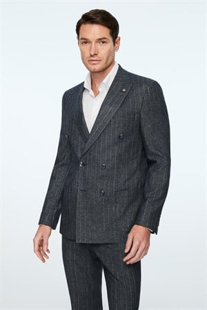 Morven Erkek Lacivert Keten Trend Çizgili Slim Fit Sivri Yaka Kruvaze Takım Elbise
