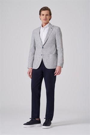 Morven Erkek Lacivert Keten Trend Desenli Slim Fit Mono Yaka Ceket