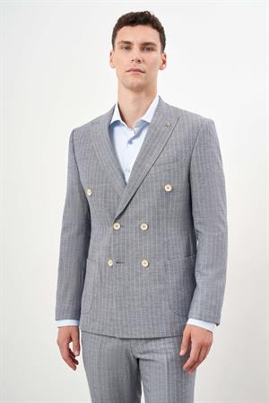 Morven Erkek Lacivert Keten Trend Kruvaze Slim Fit Sivri Yaka Takım Elbise