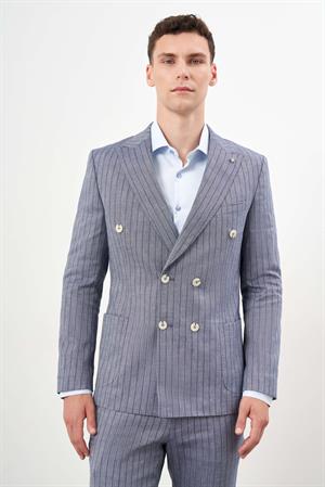 Morven Erkek Lacivert Keten Trend Kruvaze Slim Fit Sivri Yaka Takım Elbise