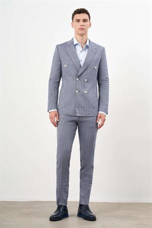 Morven Erkek Lacivert Keten Trend Kruvaze Slim Fit Sivri Yaka Takım Elbise