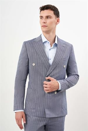 Morven Erkek Lacivert Keten Trend Kruvaze Slim Fit Sivri Yaka Takım Elbise