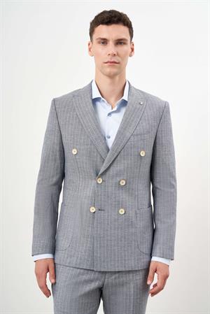 Morven Erkek Lacivert Keten Trend Kruvaze Slim Fit Sivri Yaka Takım Elbise