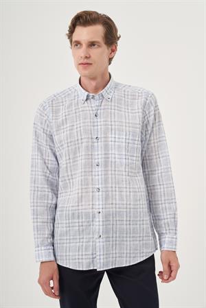 Morven Erkek Lacivert Keten Trend Regular Fit Dğmeli Yaka Gömlek