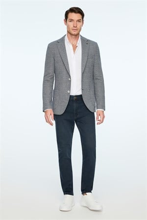Morven Erkek Lacivert Örme Trend Desenli Slim Fit Mono Yaka Ceket