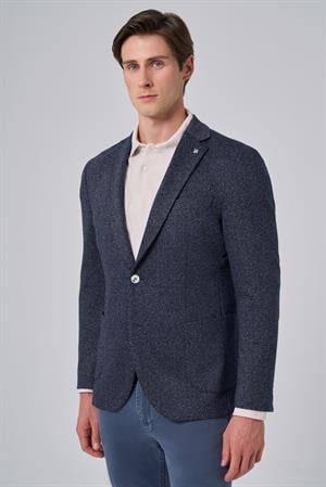 Morven Erkek Lacivert Örme Trend Desenli Slim Fit Mono Yaka Ceket