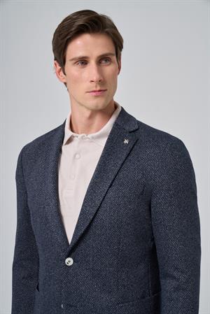 Morven Erkek Lacivert Örme Trend Desenli Slim Fit Mono Yaka Ceket