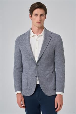 Morven Erkek Lacivert Örme Trend Desenli Slim Fit Mono Yaka Ceket