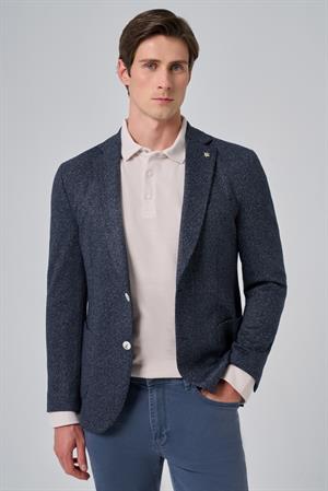 Morven Erkek Lacivert Örme Trend Desenli Slim Fit Mono Yaka Ceket