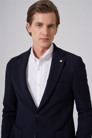 Morven Erkek Lacivert Örme Trend Slim Fit Mono Yaka Ceket