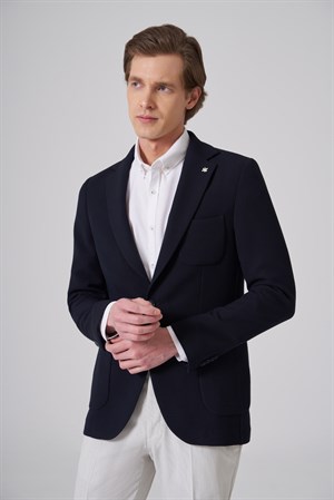 Morven Erkek Lacivert Örme Trend Slim Fit Mono Yaka Ceket