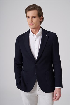Morven Erkek Lacivert Örme Trend Slim Fit Mono Yaka Ceket
