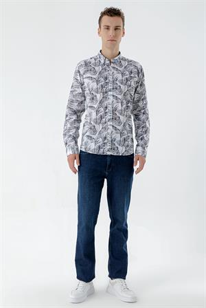 Morven Erkek Lacivert Pamuk Baskılı Desen Slim Fit Gömlek