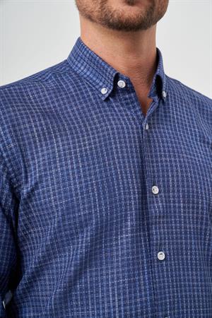 Morven Erkek Lacivert Pamuk Baskılı Desenli Düğmeli Yaka Slim Fit Gömlek