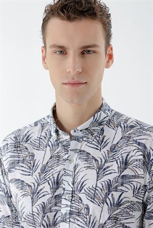 Morven Erkek Lacivert Pamuk Baskılı Desen Slim Fit Gömlek