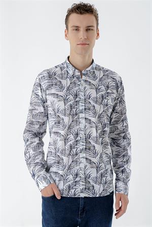 Morven Erkek Lacivert Pamuk Baskılı Desen Slim Fit Gömlek