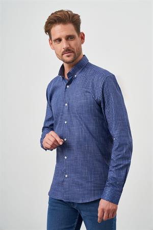 Morven Erkek Lacivert Pamuk Baskılı Desenli Düğmeli Yaka Slim Fit Gömlek