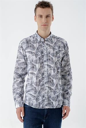 Morven Erkek Lacivert Pamuk Baskılı Desen Slim Fit Gömlek