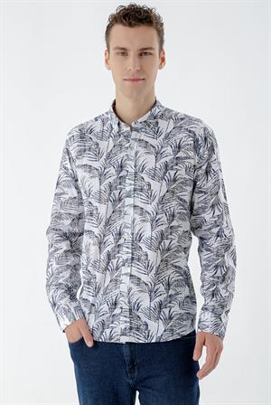 Morven Erkek Lacivert Pamuk Baskılı Desen Slim Fit Gömlek