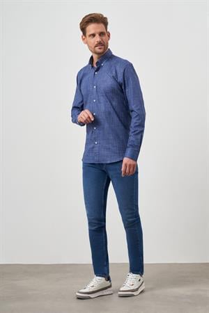 Morven Erkek Lacivert Pamuk Baskılı Desenli Düğmeli Yaka Slim Fit Gömlek