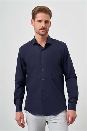 Morven Erkek Lacivert Pamuk Düz Desen İtalyan Yaka Slim Fit Gömlek