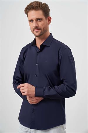 Morven Erkek Lacivert Pamuk Düz Desen İtalyan Yaka Slim Fit Gömlek