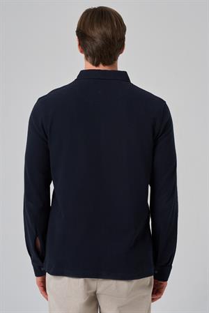 Morven Erkek Lacivert Pamuk Trend Ağaç Kabuğu Desen Dinamik Fit Polo Yaka Sweat-Shirt