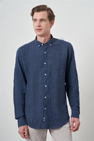 Morven Erkek Lacivert Pamuk Trend Slim Fit Düğmeli Yaka Gömlek