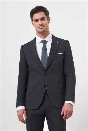 Morven Erkek Lacivert Poliviskon Basic Jakar Desen Slim Fit Sivri Yaka Takım Elbise