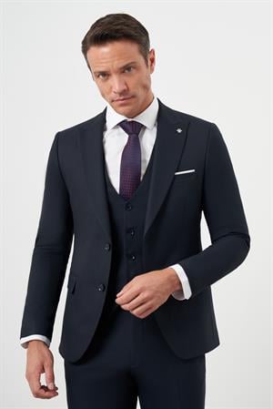 Morven Erkek Lacivert Poliviskon Basic Yelekli Jakar Desen Slim Fit Sivri Yaka Takım Elbise