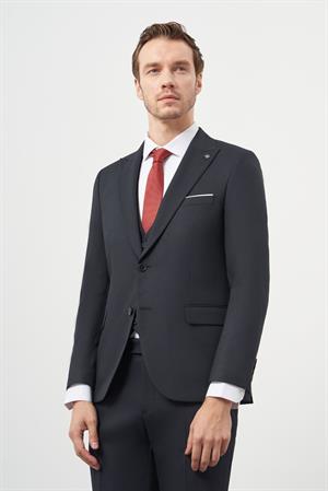 Morven Erkek Lacivert Poliviskon Basic Yelekli Jakar Desen Slim Fit Sivri Yaka Takım Elbise