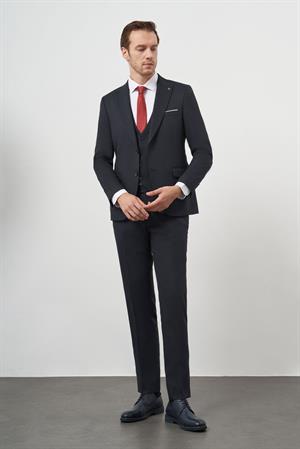 Morven Erkek Lacivert Poliviskon Basic Yelekli Jakar Desen Slim Fit Sivri Yaka Takım Elbise