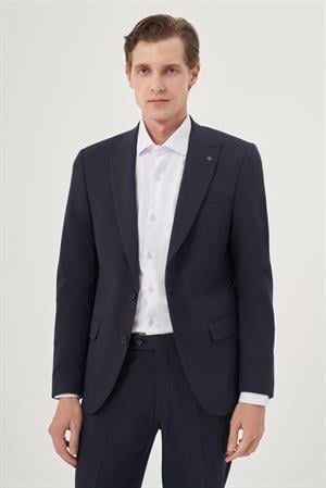 Morven Erkek Lacivert Poliviskon Basic Düz Slim Fit Sivri Yaka Takım Elbise