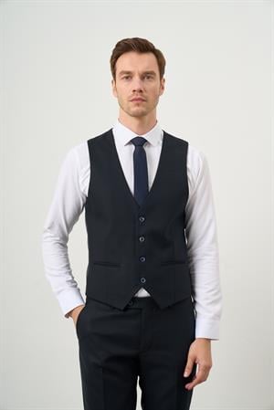 Morven Erkek Lacivert Poliviskon Basic Yelekli Jakar Desen Slim Fit Sivri Yaka Takım Elbise