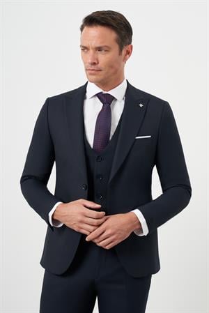 Morven Erkek Lacivert Poliviskon Basic Yelekli Jakar Desen Slim Fit Sivri Yaka Takım Elbise