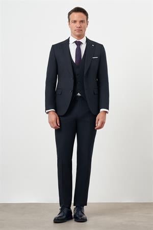 Morven Erkek Lacivert Poliviskon Basic Yelekli Jakar Desen Slim Fit Sivri Yaka Takım Elbise