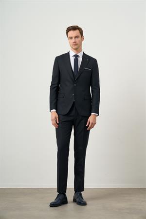 Morven Erkek Lacivert Poliviskon Basic Yelekli Jakar Desen Slim Fit Sivri Yaka Takım Elbise