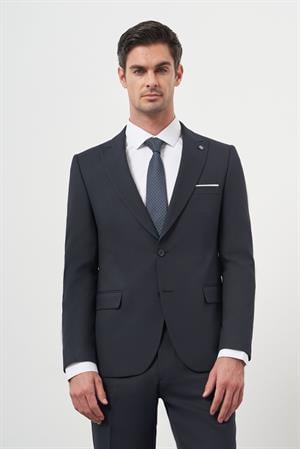 Morven Erkek Lacivert Poliviskon Basic Jakar Desen Slim Fit Sivri Yaka Takım Elbise