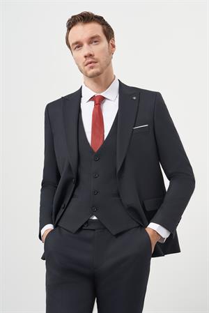 Morven Erkek Lacivert Poliviskon Basic Yelekli Jakar Desen Slim Fit Sivri Yaka Takım Elbise