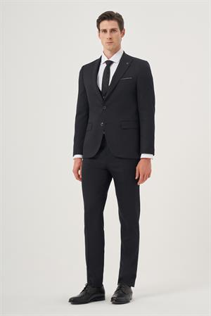 Morven Erkek Lacivert Poliviskon Basic Yelekli Jakarlı Slim Fit Sivri Yaka Takım Elbse