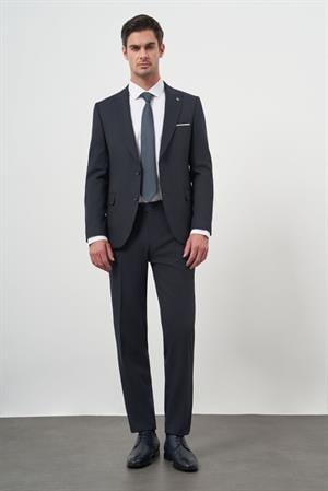 Morven Erkek Lacivert Poliviskon Basic Jakar Desen Slim Fit Sivri Yaka Takım Elbise