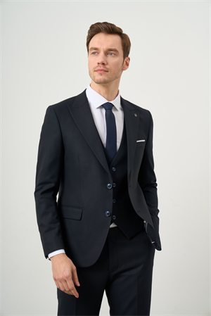 Morven Erkek Lacivert Poliviskon Basic Yelekli Jakar Desen Slim Fit Sivri Yaka Takım Elbise