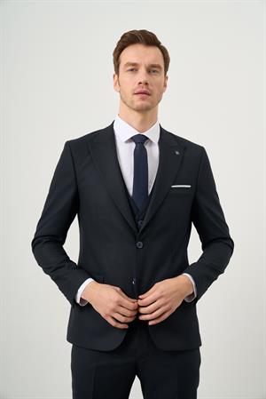 Morven Erkek Lacivert Poliviskon Basic Yelekli Jakar Desen Slim Fit Sivri Yaka Takım Elbise